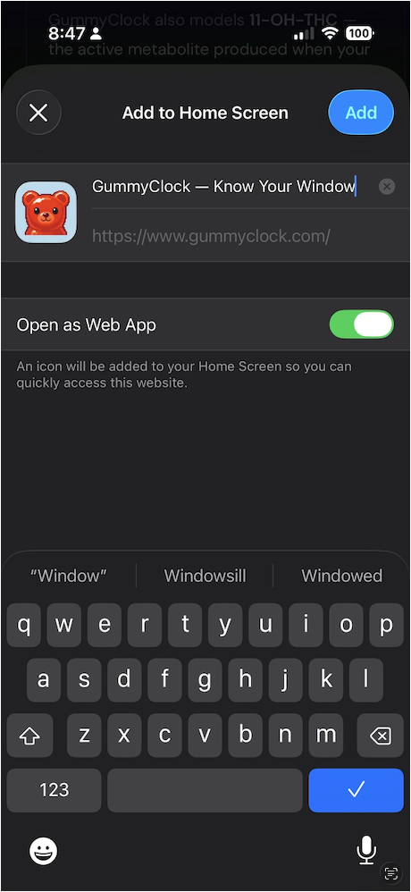 Add to Home Screen confirmation screen with GummyClock icon